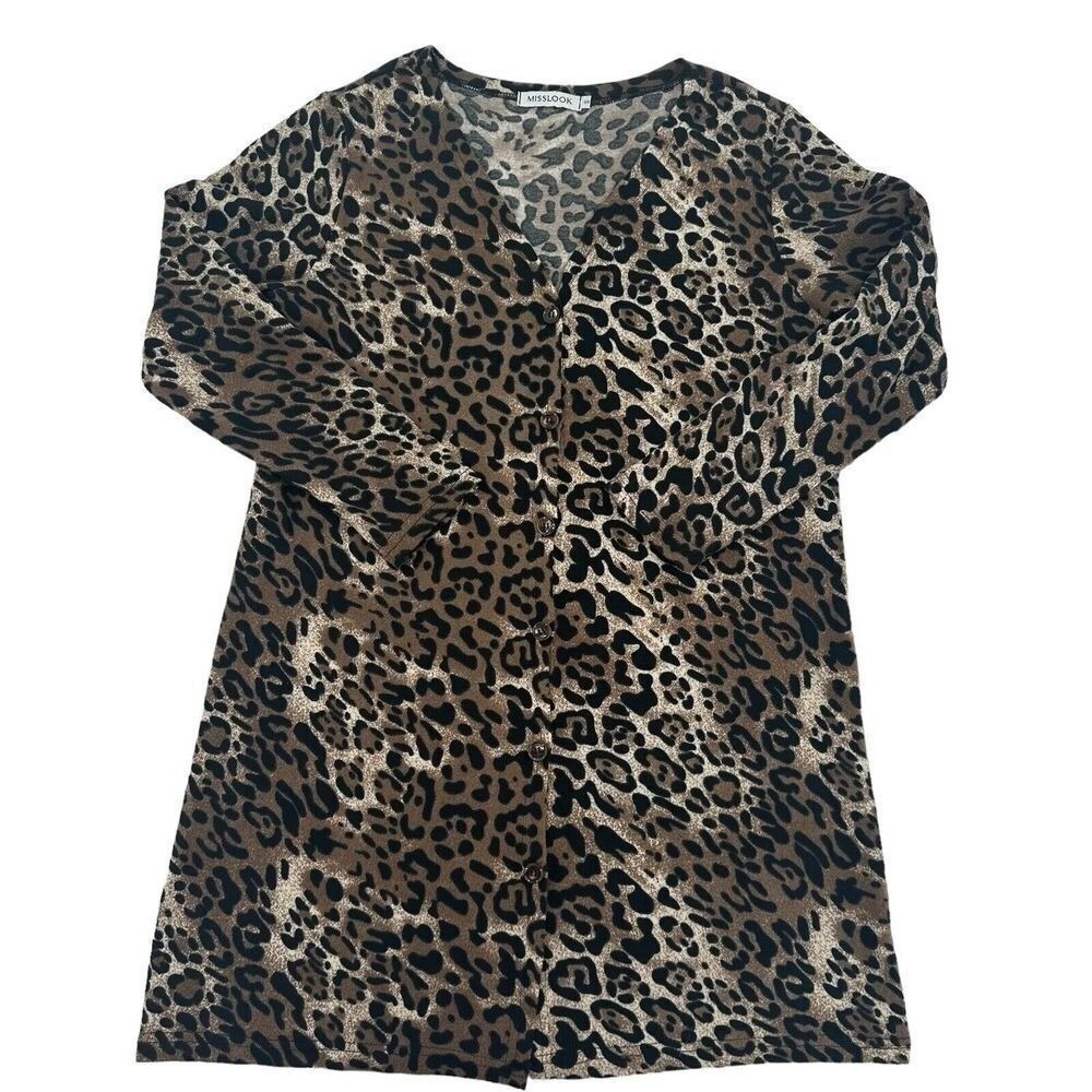 Misslook Leopard Print Button Down Long Sleeve Cardigan Dress Mob Wife Women S